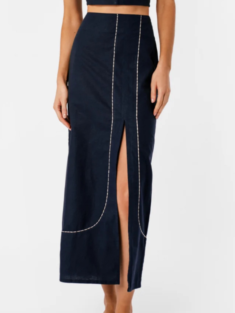 Encantadore Caterina Navy High-Waist Maxi Skirt with Front Slit Medium NWT